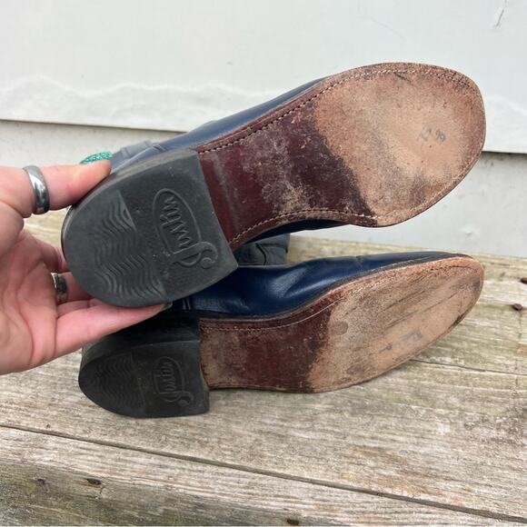 Vintage 90s Justin Roper Navy Blue Cowgirl Western Pull On Leather Boots 6 1/2B - Picture 5 of 6